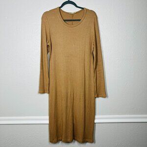 Reformation Tan Ribbed Knit Crew Neck Long Sleeve Midi Dress